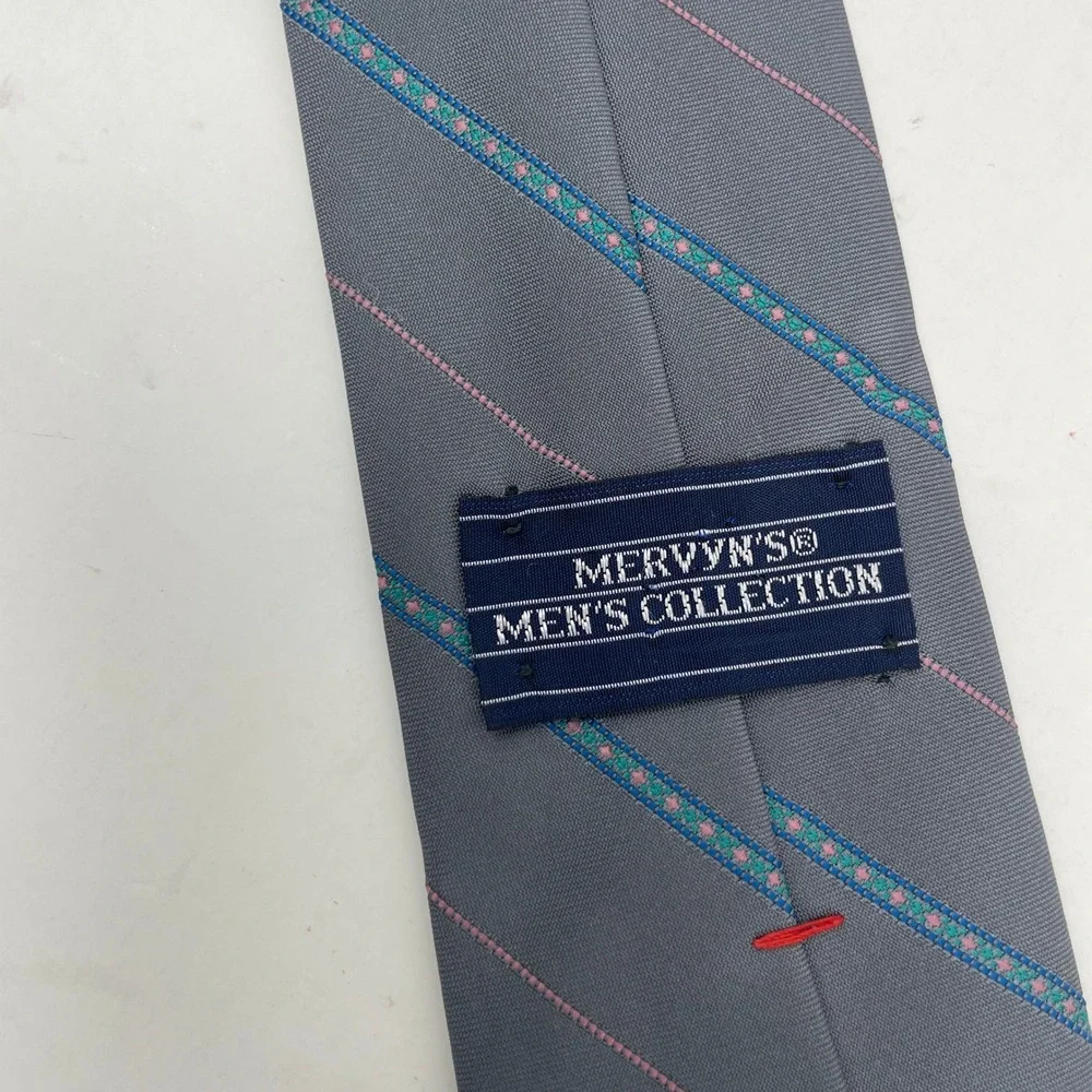 VTG Mervyns Men Collection Necktie Gray Teal Pink Diagonal Striped 90s Retro Tie